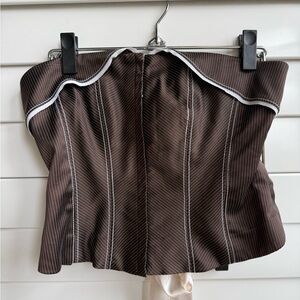 bebe Brown Pinstripe Bustier Corset Top with White Accents Silk Lace Up Back